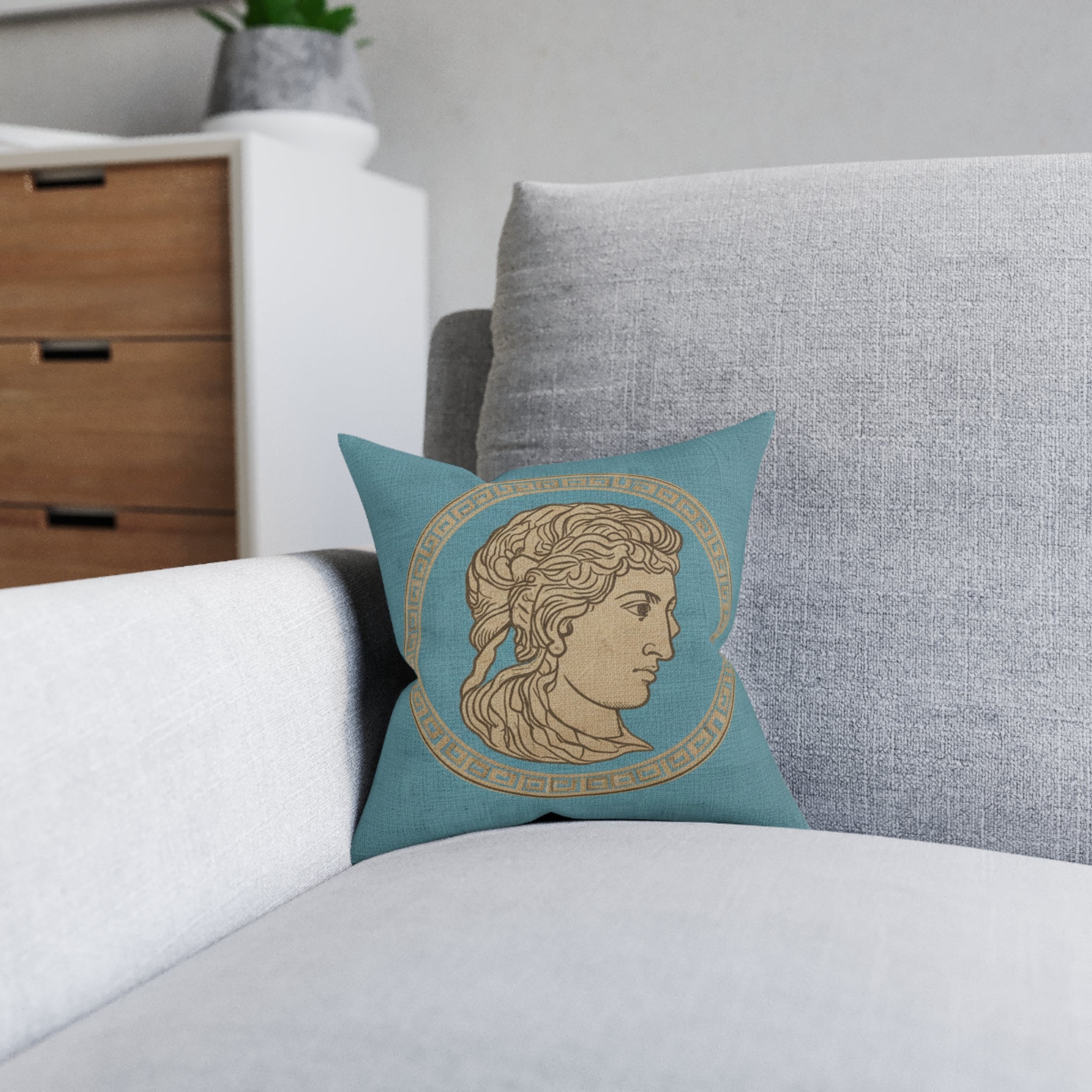END USER INTERIOR PROTO-VANITY Greek Bust Medallion Square Pillow — Classical Athena-Inspired Decorative Throw Pillow
